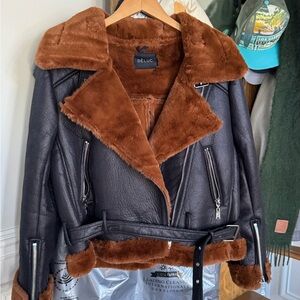 Black and Brown Leather Jacket with Fur Collar and Belt